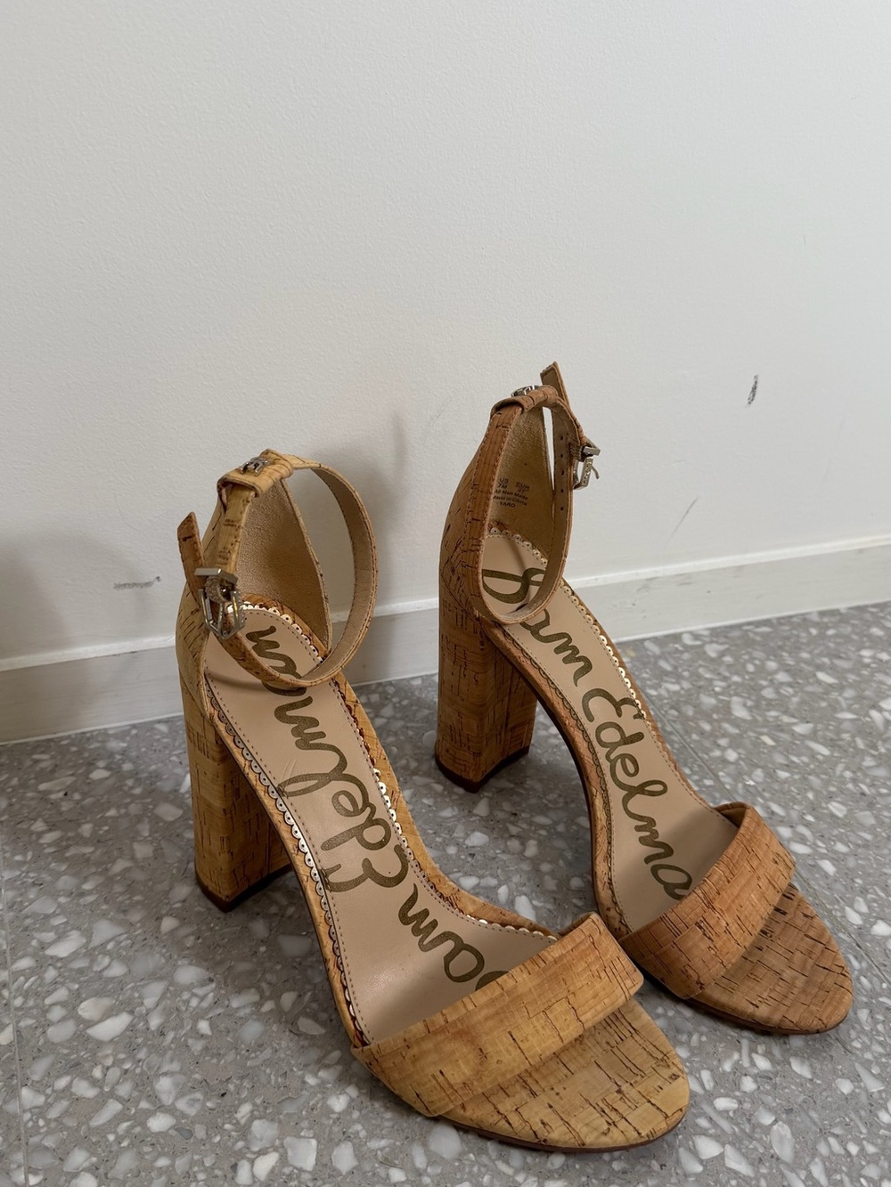 Sam Edelman Cork-Textured Block Heel Sandals in Tan